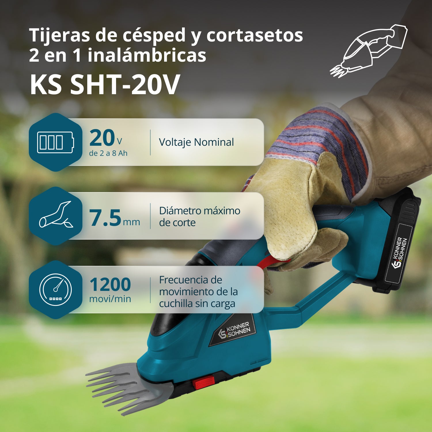 Tijeras de césped y cortasetos 2 en 1 inalámbricas con poste de extensión telescópico KS SHT-20V + Extension Pole