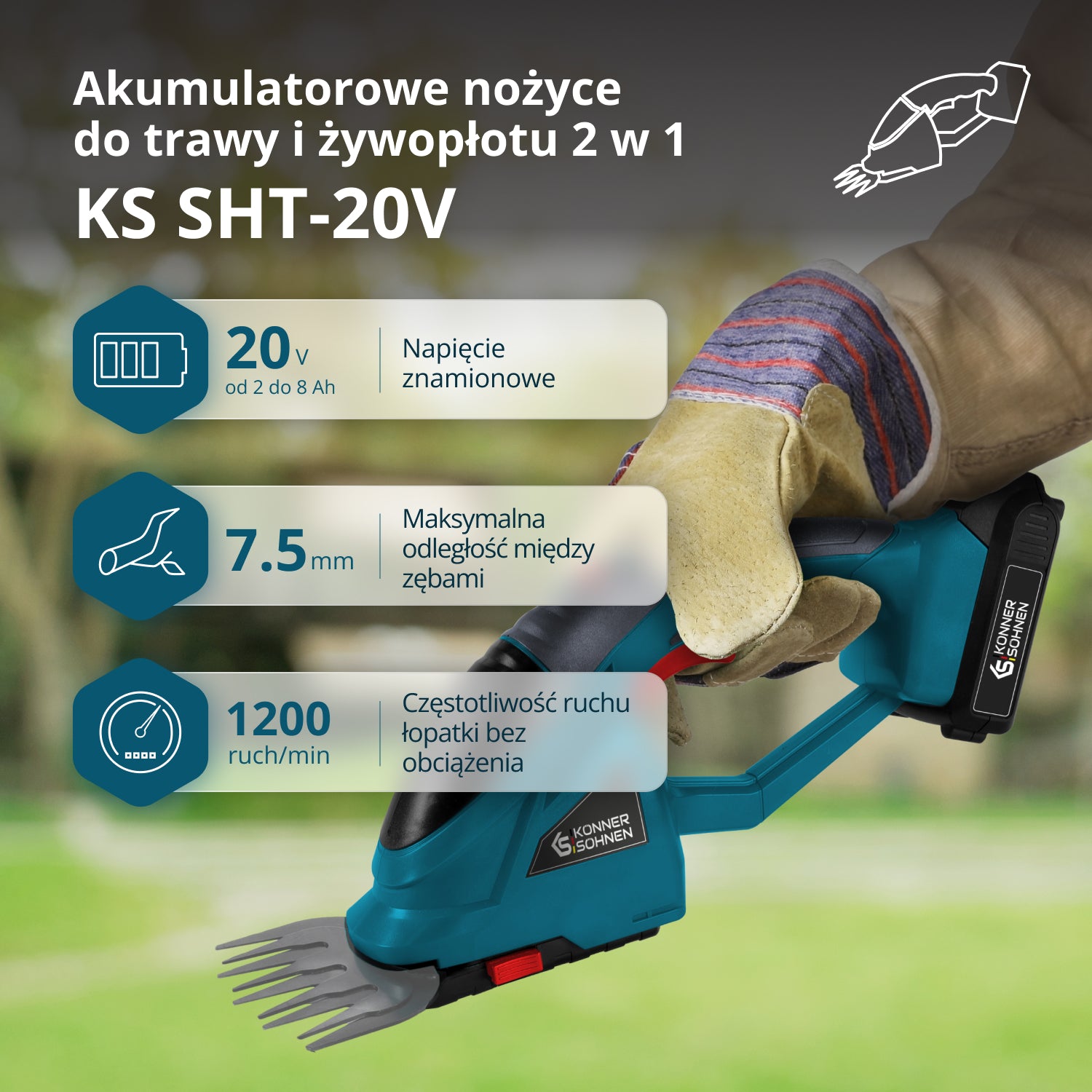 Akumulatorowe nożyce do trawy i żywopłotu 2 w 1 z przedłużaczem teleskopowym KS SHT-20V + Extension Pole