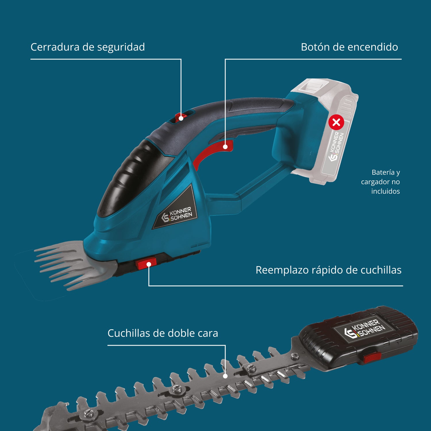 Tijeras de césped y cortasetos 2 en 1 inalámbricas con poste de extensión telescópico KS SHT-20V + Extension Pole