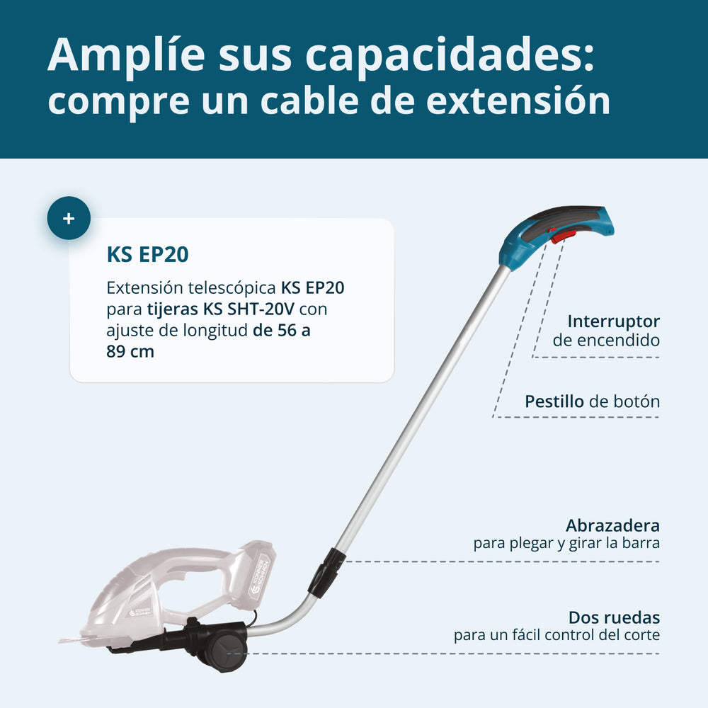 Tijeras de césped y cortasetos 2 en 1 inalámbricas con poste de extensión telescópico KS SHT-20V + Extension Pole
