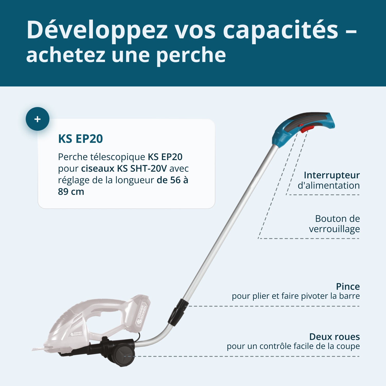 Taille-haie et cisaille à gazon 2 en 1 sans fil avec manche télescopique KS SHT-20V + Extension Pole