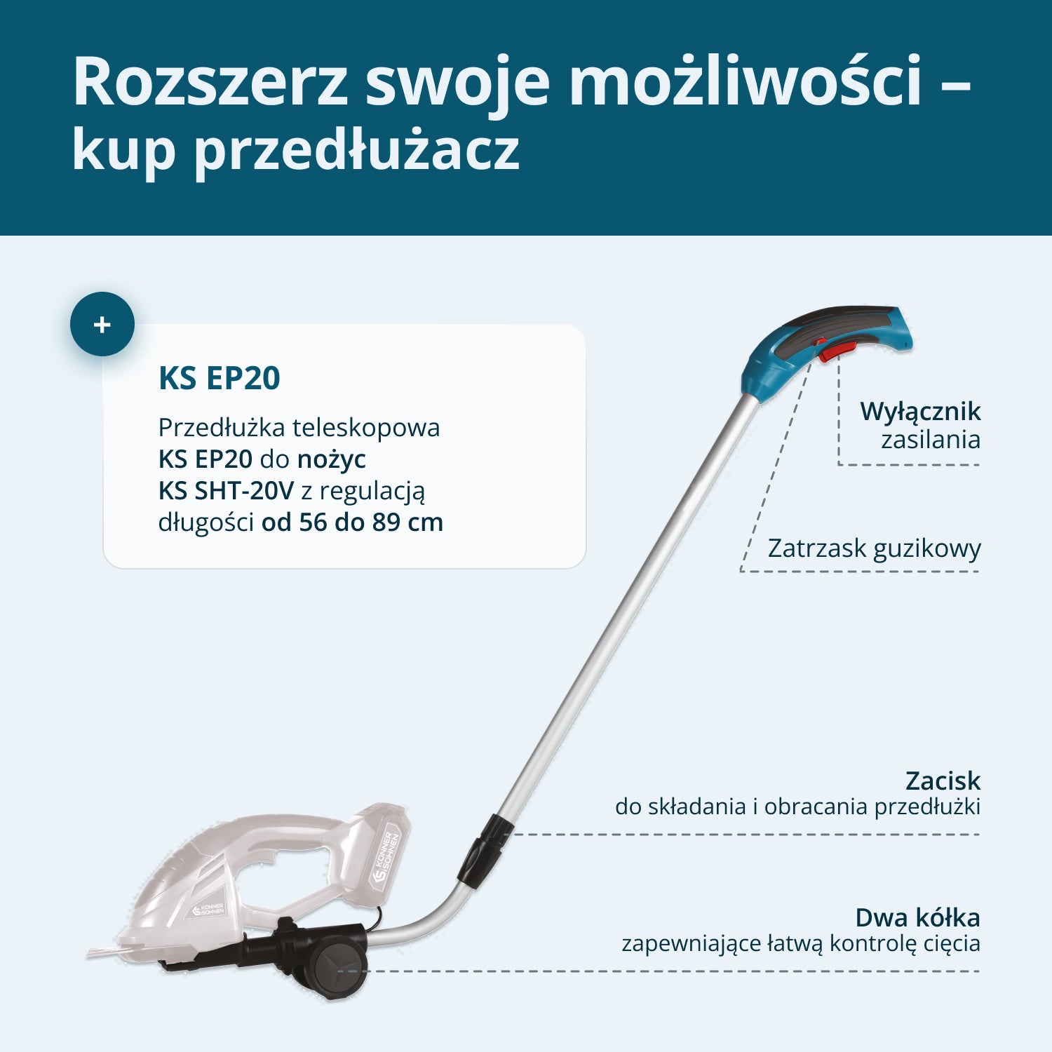 Akumulatorowe nożyce do trawy i żywopłotu 2 w 1 z przedłużaczem teleskopowym KS SHT-20V + Extension Pole