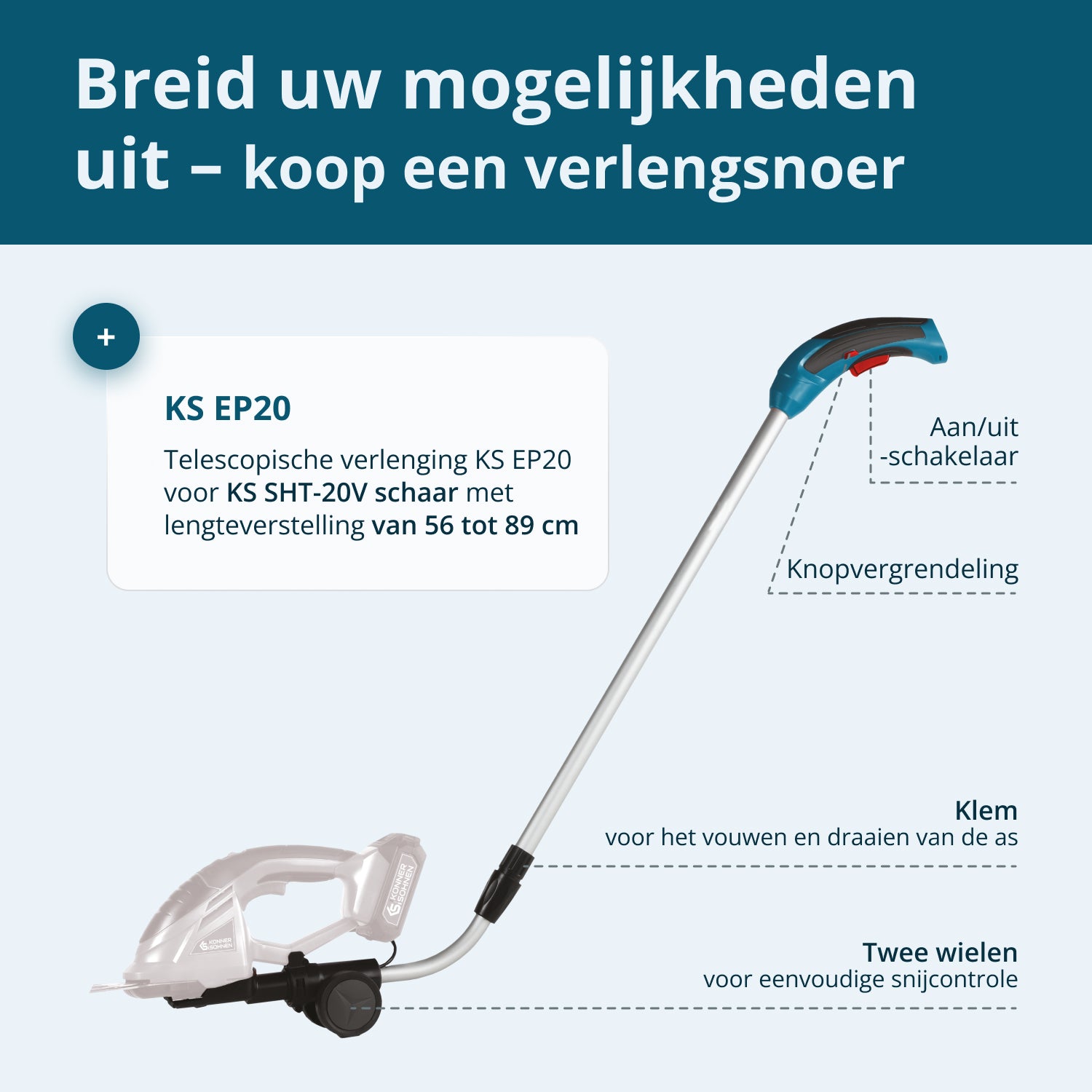 Snoerloze 2 in 1 Grasmaai- en Heggenschaar met Telescopische Verlengstok KS SHT-20V + Extension Pole