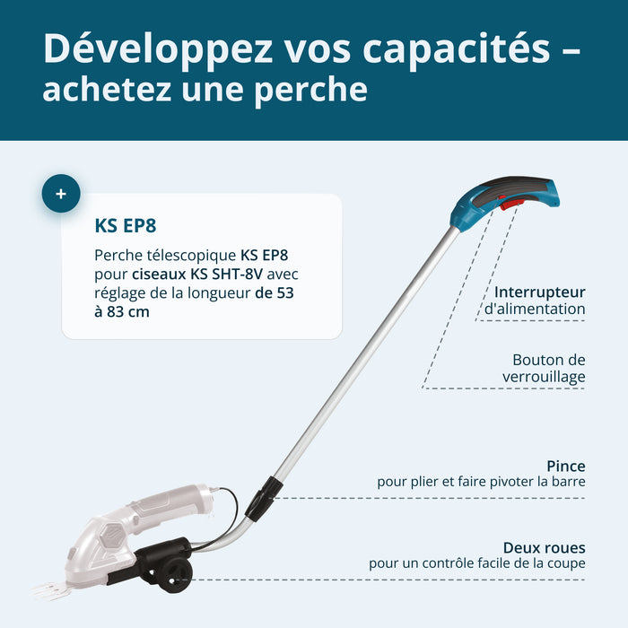 Taille-haie et cisaille à gazon 2 en 1 sans fil avec manche télescopique KS SHT-8V + Extension Pole