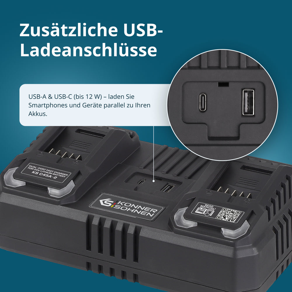 Doppel-Ladegerät für Akkubatterien 20 V KS C45A-2